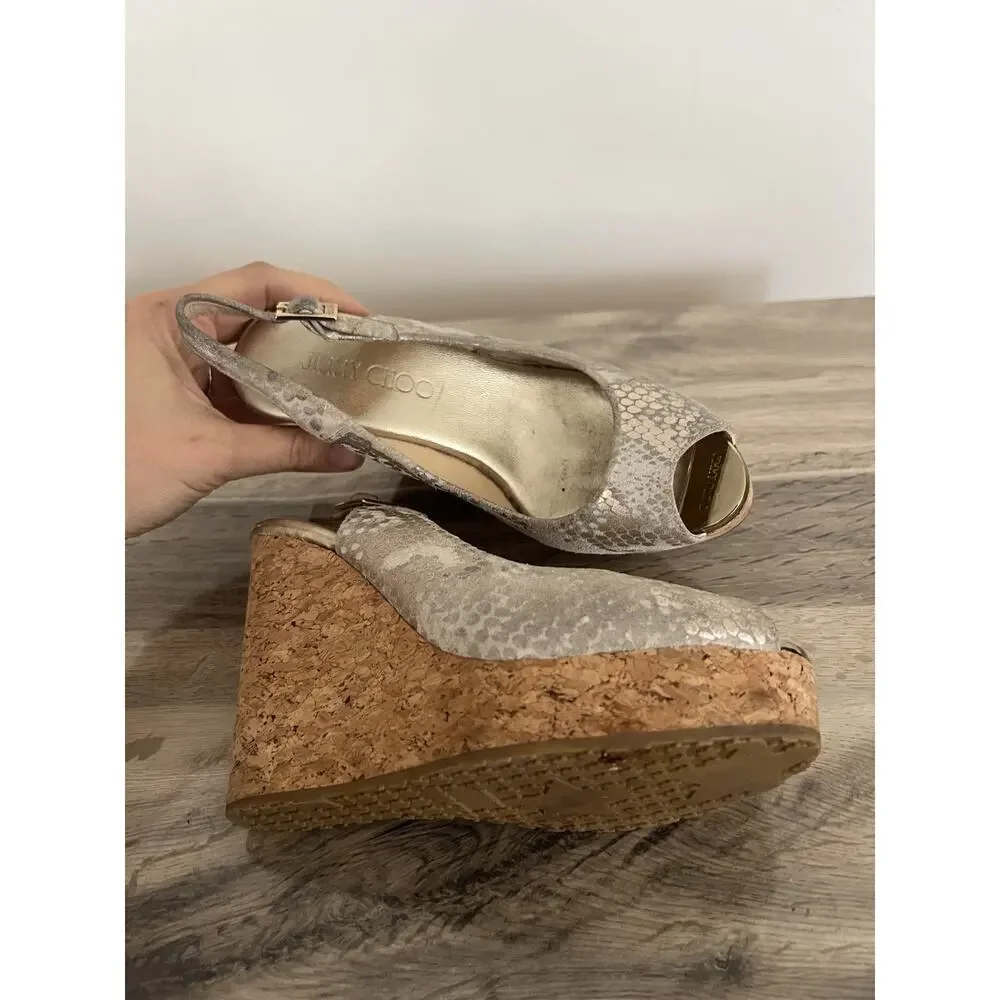 Jimmy Choo Prova Snake Print Silver Metallic Cork Wedges Heels Size 36.5